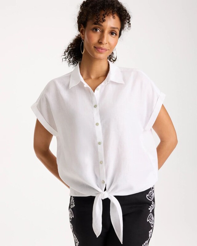 No Iron Linen Tie-Front Cap Sleeve Shirt - image 1